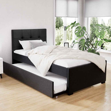 Modern Black Trundle Bed Frame | King Single Size, Hardwood with Drawers & Tufted Design - Easy Assembly, Contemporary Bedroom Decor